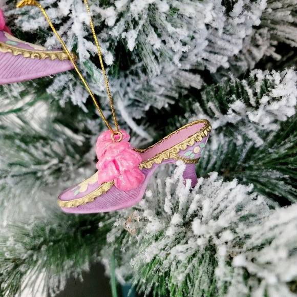 Porcelain Miniature Victorian Pink Barbie Floral Christmas Shoes Heels Ornaments - Picture 3 of 10